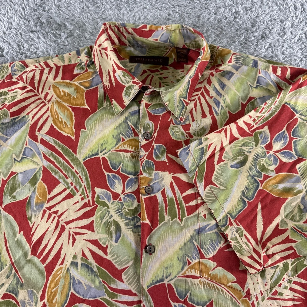 Tori Richard Mens Large Red Tropical Leaf Print Cotton Lawn Hawaiian Shirt USA